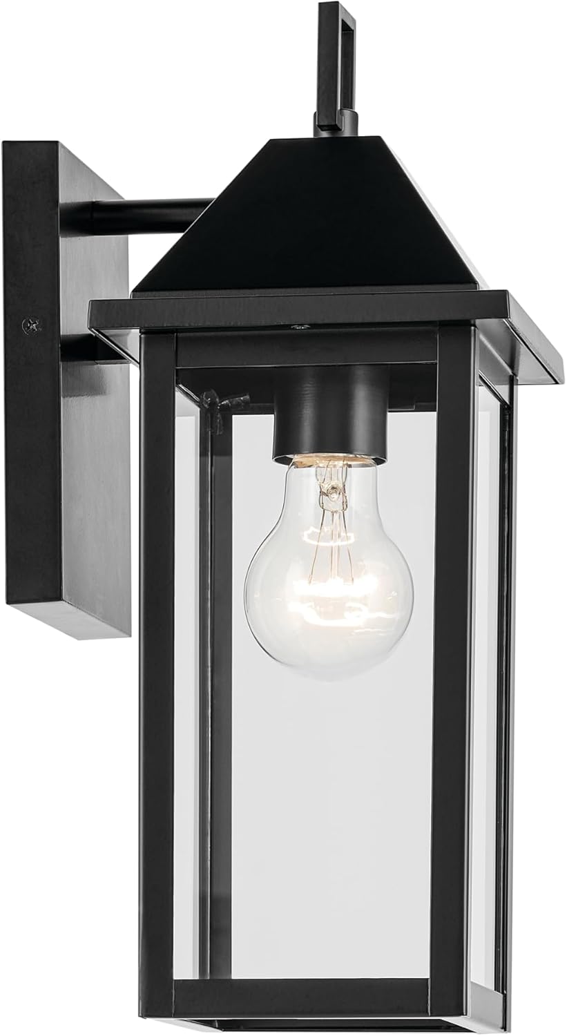 Kichler Prin 1-Light Outdoor Wall Light, Updated Traditional Light with Clear Glass in Black, for Porch, Patio or Garage (14" x 5.75"), 59157BK