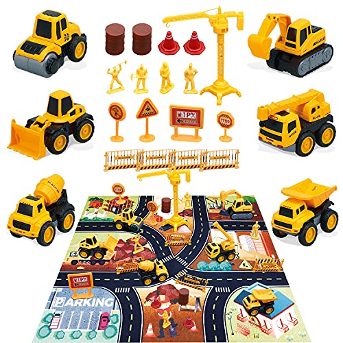 TOY Life Construction Truck Toys - Small Construction Vehicles Sandbox Toys for Kids - 6 Construction Pull Back Cars with Play Car Mat - Construction Tractor Excavator for Boy 2 3+ Years Old