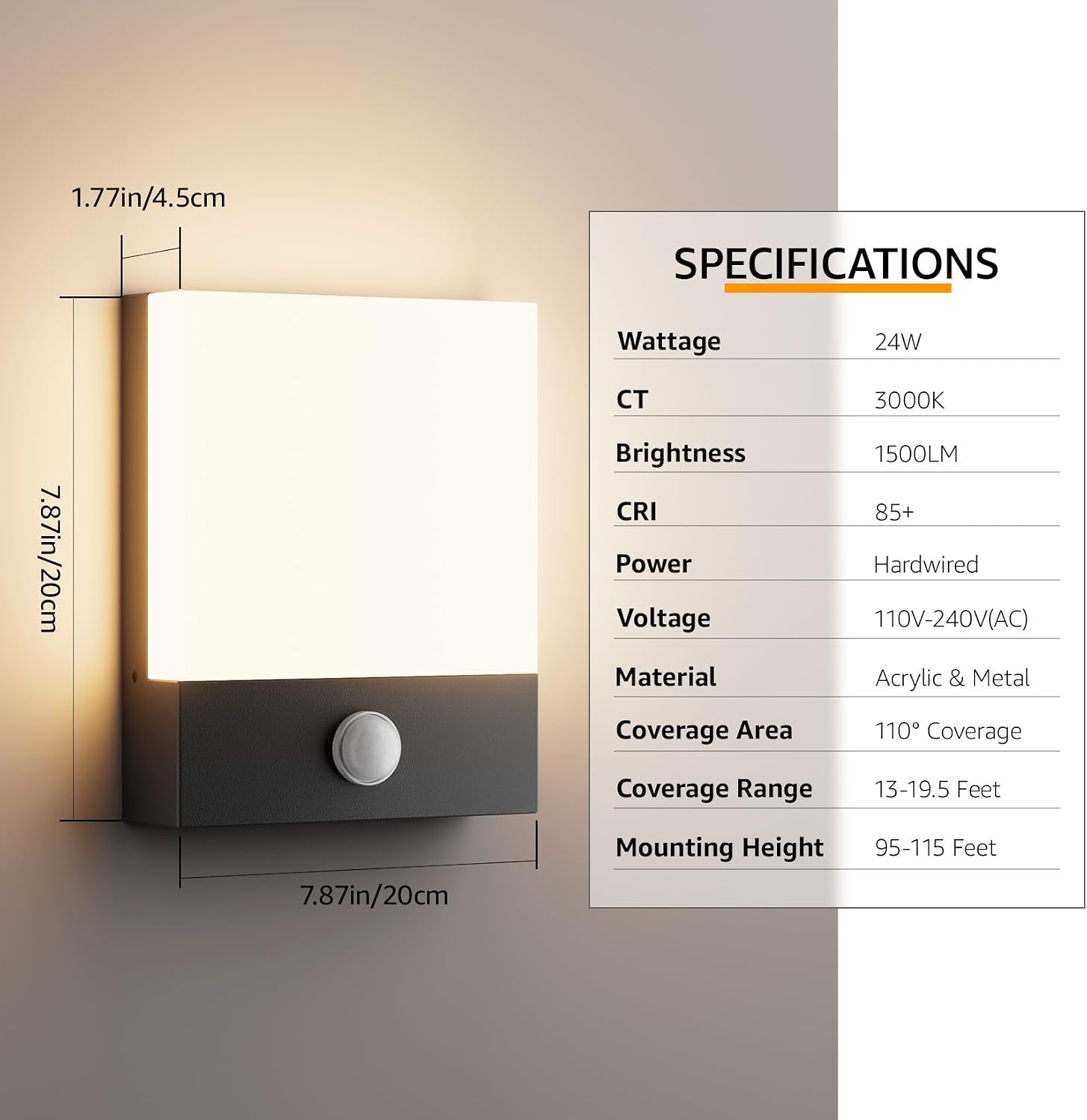 Aoceeley Modern Outdoor Led Wall Light with Motion Sensor,24W 3000K Porch & Patio Light,Exterior Hardwired Wall Light Fixtures,IP65 Waterproof Square Wall Lamp for Garage, Front Door(Black,2-Pack)