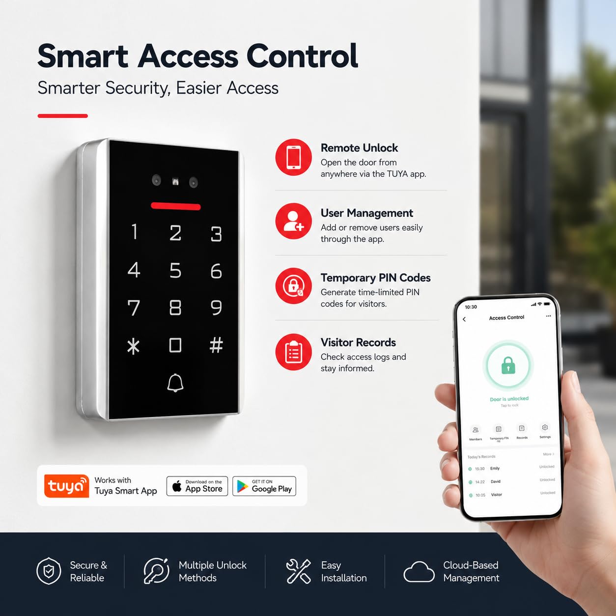 Contrôle d’Accès WiFi TUYA avec Reconnaissance Faciale pour Porte et Portail, Clavier à Code RFID 125kHz + 10 Badges ID, IP68 Métal, WG26/WG34, APP + PIN + Badge, Appartement Bureau Boutique (3D1)