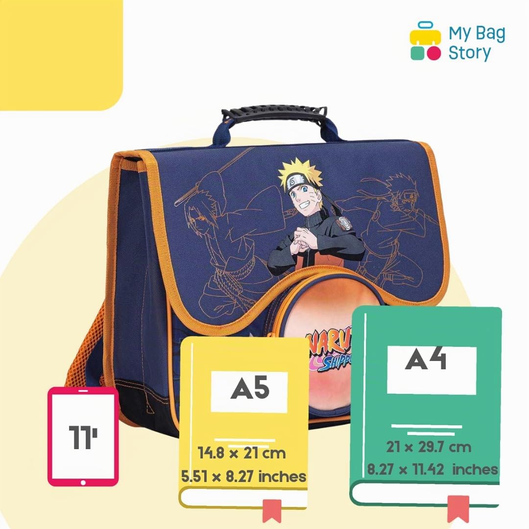 mybagstory - Cartable Naruto - Garçon 38x34x16 cm | 2 compartiments + poche ronde, Fermeture à rabat, Sac école primaire et Produit officiel.