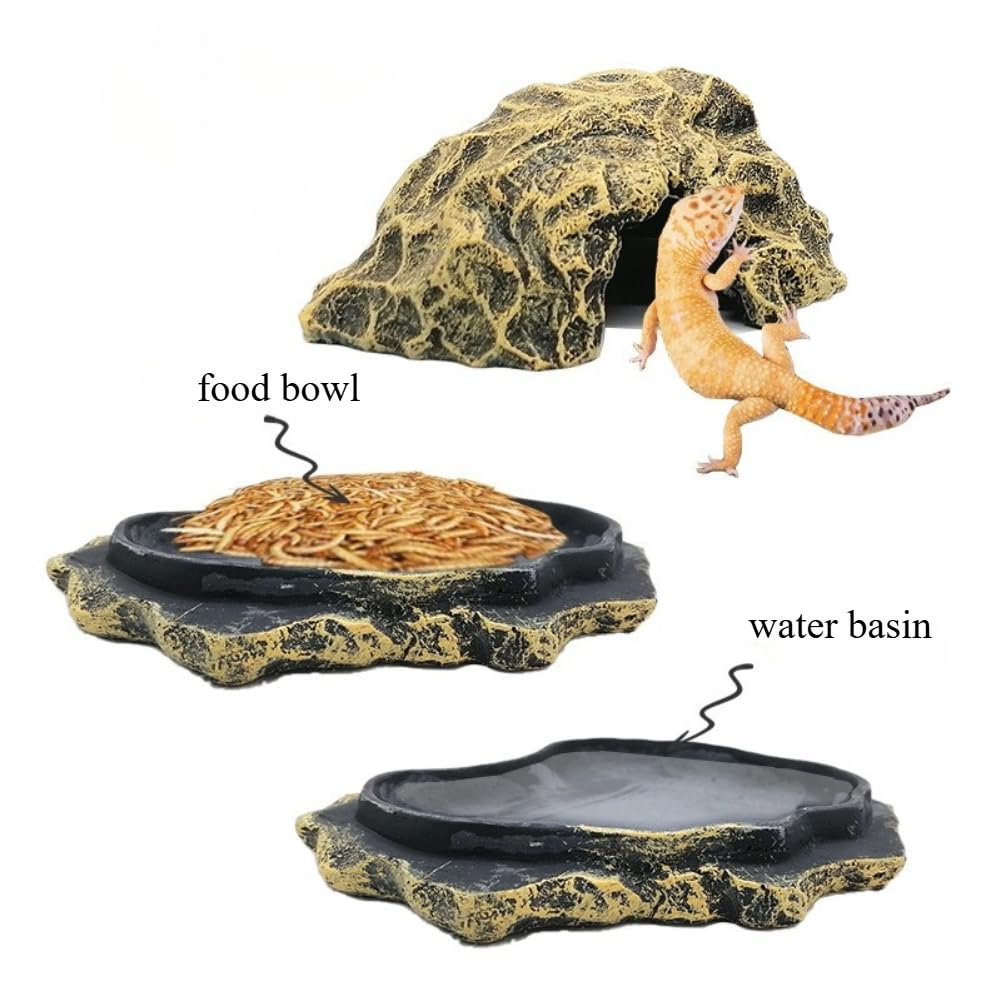 OMEM Rettile Hide Grotta Roccia Resina Paesaggio con Bacino Del Cibo Ciotola Acqua per Geco, Lucertola, Serpente, Corna, Rana, Ragno, Pet Escape House Durevole Rifugio (Marrone)