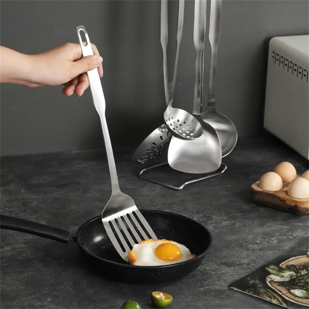 Set di utensili da cucina in acciaio inox, set di utensili da cucina in metallo da appendere, con supporto per utensili da cucina, spatola, cucchiaio, acciaio inossidabile