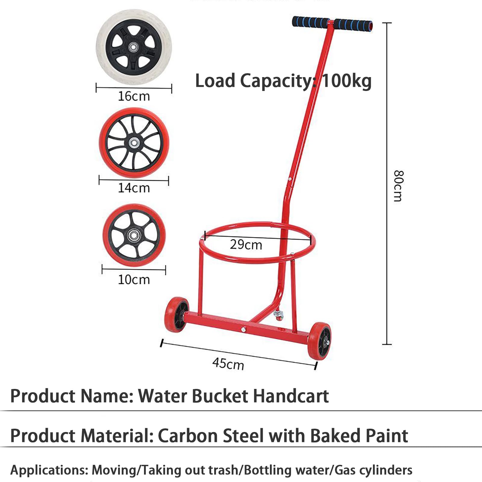 Carretilla De Mano, Carretilla para Cubos, Capacidad De Carga: 100 Kg, Diámetro: 29 Cm, Alto: 80 Cm, para Transportar Latas De Leche, Cubos Y Botes De Basura,10cm