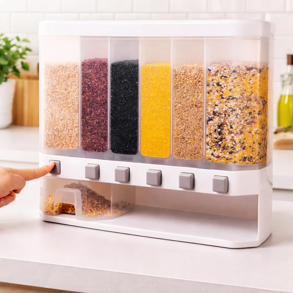 Lucinda 6-Compartment Grain Dispenser and Dry Food Storage Container, One-Click Kitchen Storage Organizer with Individual Dispensing Buttons, Multi-Section Rice, Beans, Cereal & Oatmeal Storage Box-image-47