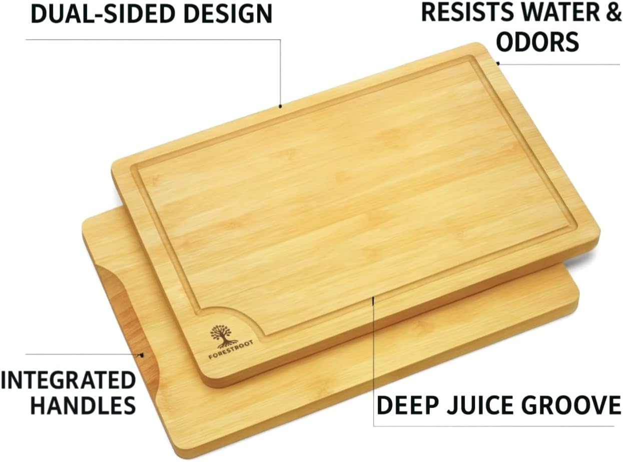 Bamboo Cutting Board Set – 3-Piece Wooden Kitchen Boards for Meal Prep & Serving – Durable Bamboo with Deep Juice Groove & Side Handles – Great for Meat, Vegetables & Charcuterie