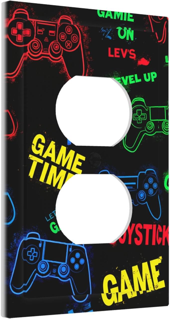 Neon Gamer Controller Pattern Duplex Wall Plate - 1-Gang Standard US Size Level Up Gaming Outlet Covers for Game Room Decor