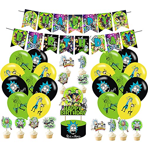 yizeda Cartoon Rick Birthday Party Supplies Cartoon Rick Theme Party Decoration Includes Banner Balloons Cake and Cupcake Toppers for Girl Boy Kids Birthday Party Decor