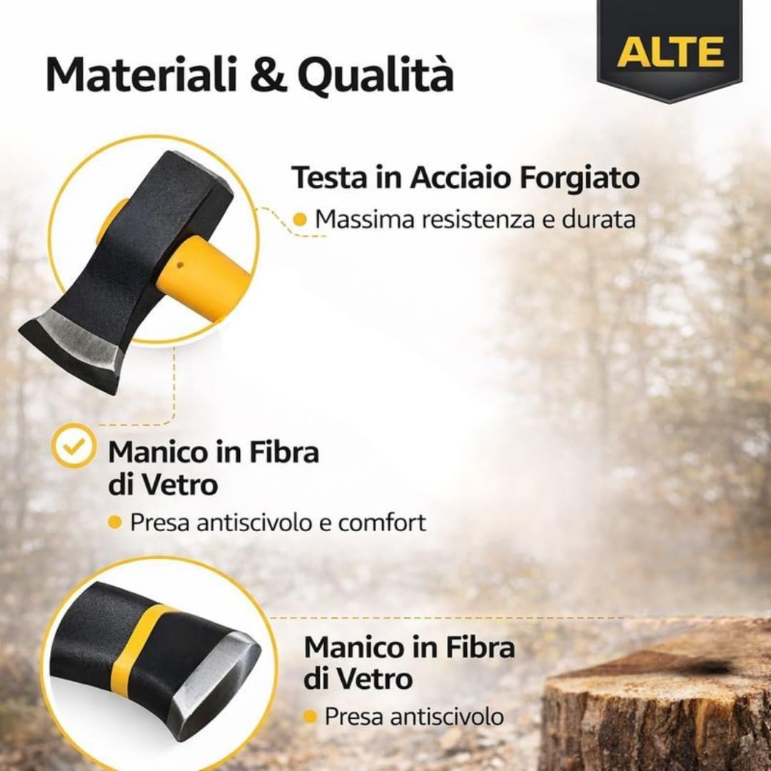 Alte Scure/Mazza 3,5 kg in Acciaio Forgiato – Manico in Fibra di Vetro Antiscivolo – Strumento Giardinaggio, Spaccalegna & Campeggio