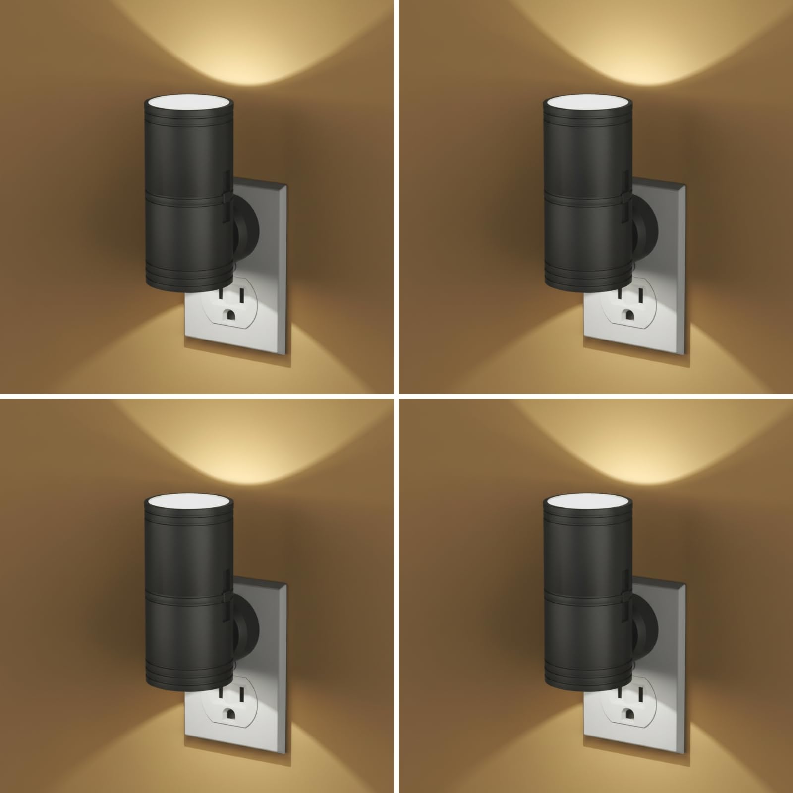 Lot de 4 veilleuses LED avec capteur du crépuscule à l'aube, luminosité réglable de 0 à 100 lumens, blanc doux 3000 K, design fin à brancher