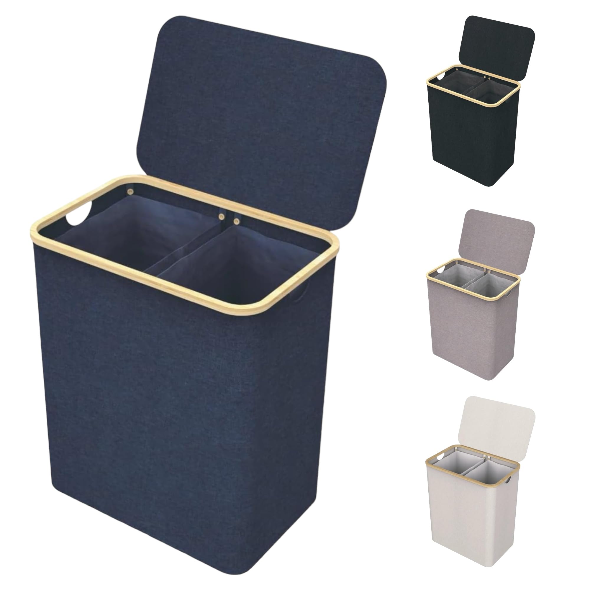 Cesto de Ropa Sucia de Bambú con Tapa y Asas - 1 o 2 Departamentos-Plegable,Bolsa Interior Lavable Máquina-Solución Elegante y Práctica para la Lavandería cubo 150L (Tela 2 Departamento Azul Marino)