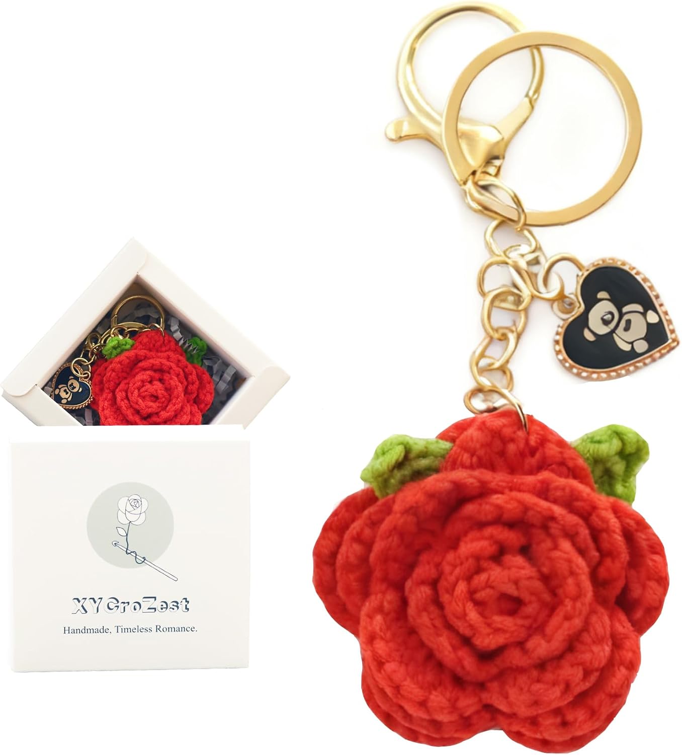 Cute Handmade Crochet Rose Keychain for Car Key Decor, Purse Bag Charms Key Ring Gifts for her lovers Birthday