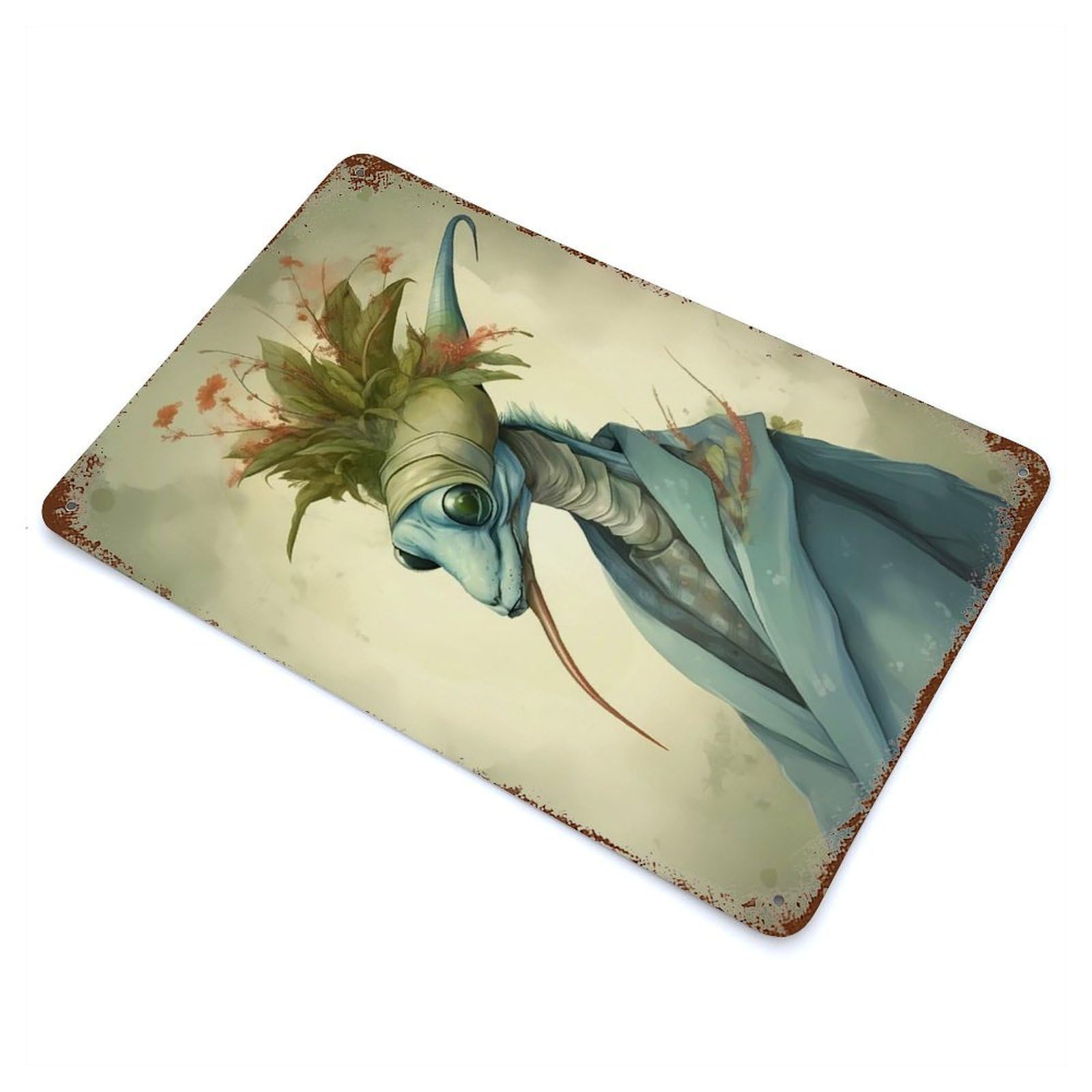 Rust Effect Praying Mantis Mythos Weathered Tin Sign 11.8"x7.9", Shabby Chic Decor for Cafe, Home Bar And Lounge Decor