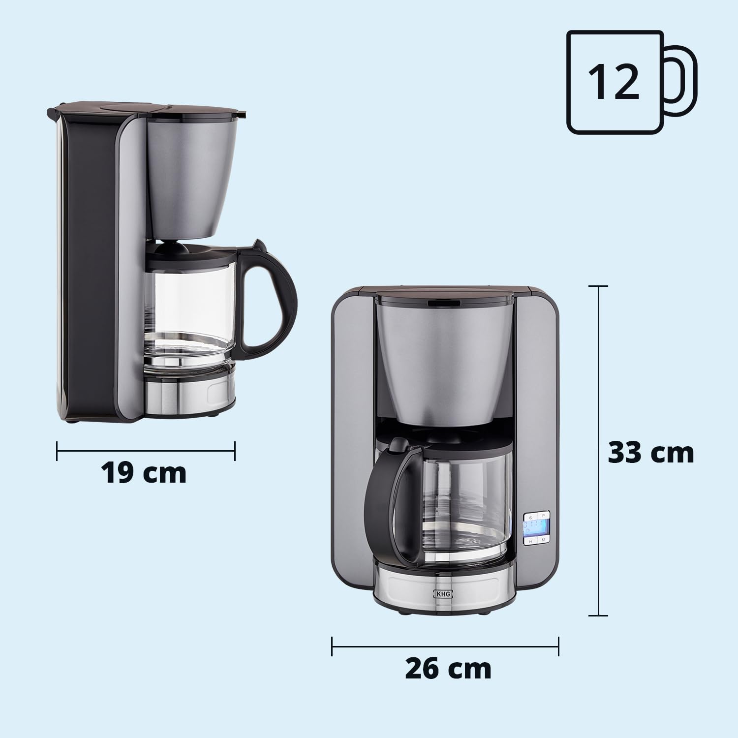 KHG Frühstücksset Wasserkocher Toaster Kaffeemaschine Skandi Look Grau Edelstahl 1,7 Liter 2 Toast Scheiben 12 Tassen