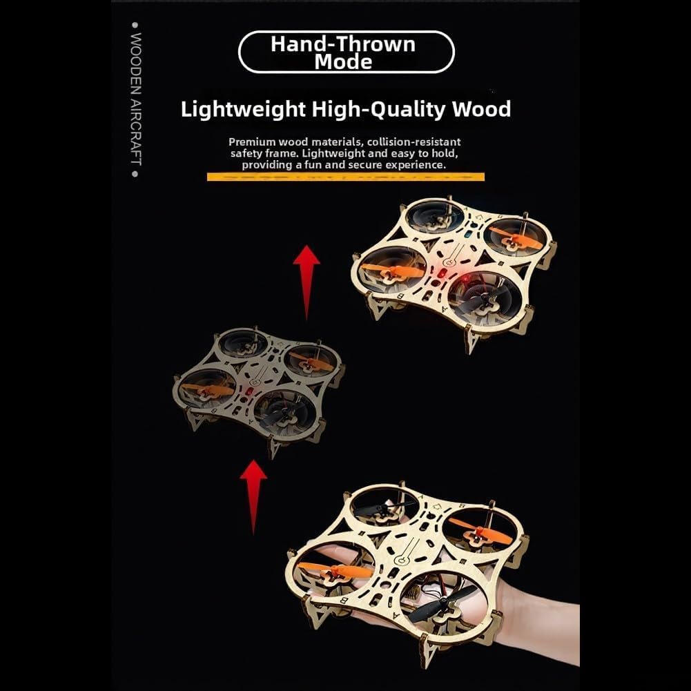 Kit quadricottero in legno fai da te con luci LED luminose e facile controllo con un pulsante per acrobazie interne e divertimento notturno