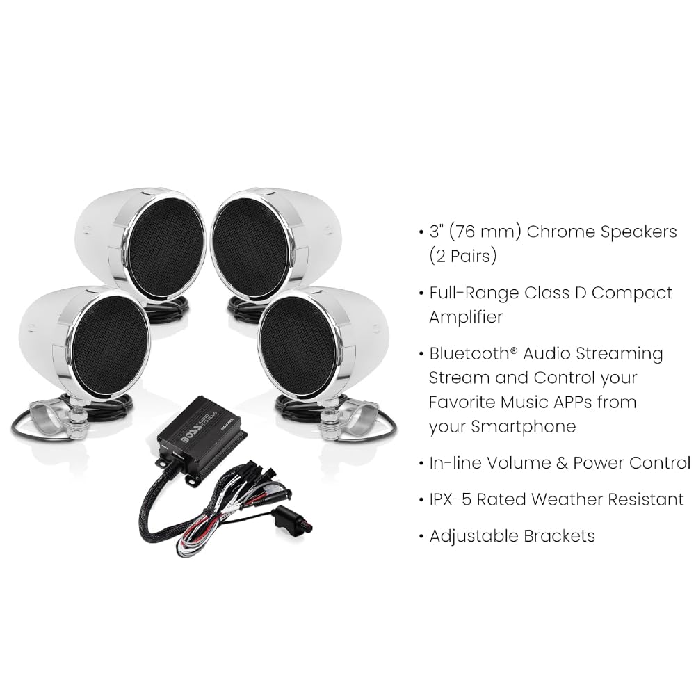 Kit Set para Boss Audio Systems MC470B, con Amplificador de Rango Completo Clase D y 4 Altavoces cromados de 3", para Motocicletas, Resistente a la Intemperie, 1 Kit
