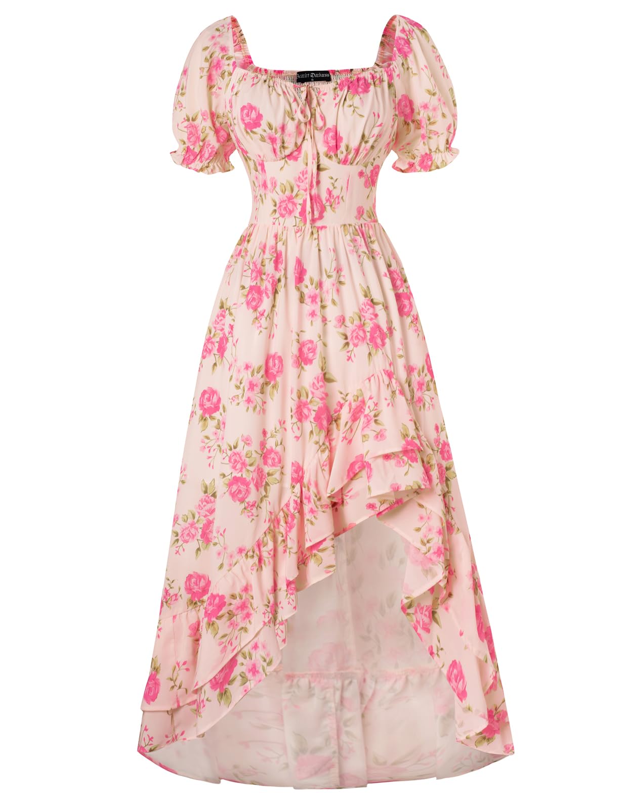 Damen Vintage Blumenkleider Rüschen Saum Puffärmel A-Linie Midi Casual Corsagenkleid Hellrosa XL