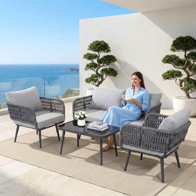 Image of BRISHI Outdoor Sofa Set || Balcony Sofa || Patio Furniture Sets | Conversation Sets | Braid & Rope Garden Seater Sofa Set and Center Table (4 Seater Grey)