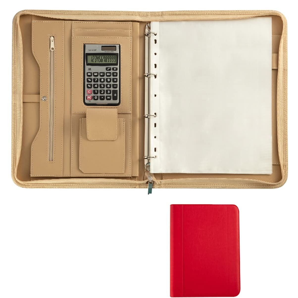 Cartella per Documenti in Pelle A4, Portafoglio Padfolio con Manico Nascosto, Tasca portaoggetti con Cerniera, quaderno Rimovibile a 4 Anelli per Biglietti, passaporti e Carte