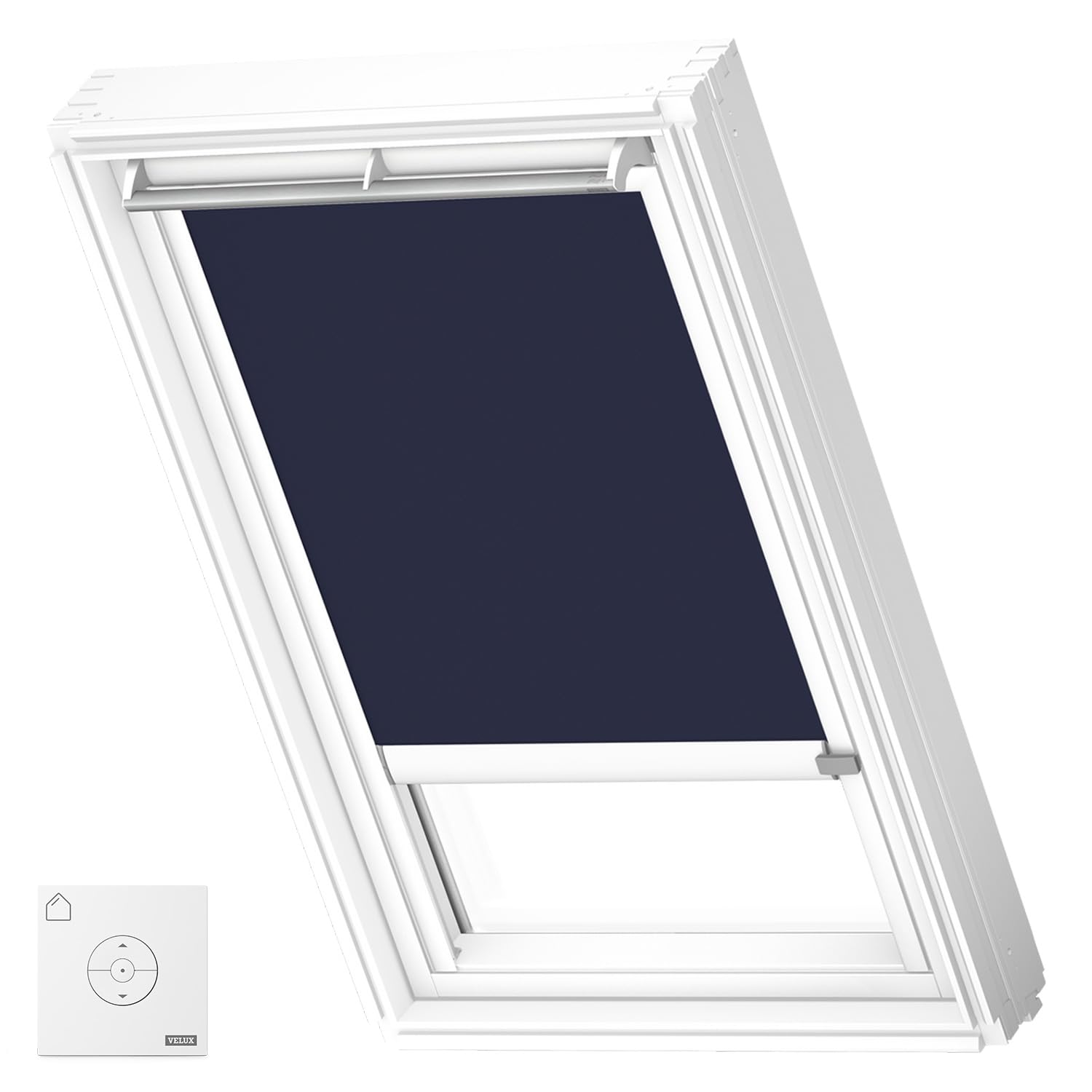 VELUX Solar Verdunkelungsrollo, weiße Schienen, M04, Dunkelblau | Solarbetrieb, Fernbedienung, stufenlose Anpassung