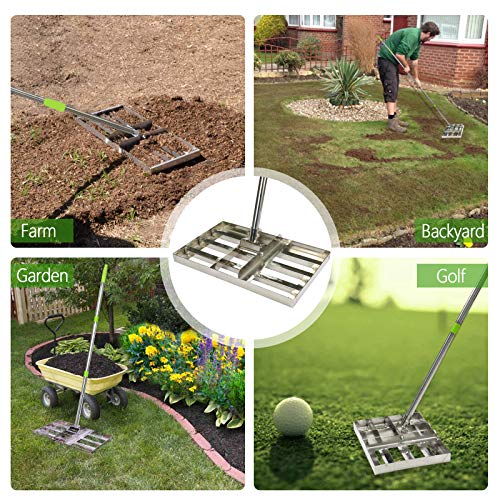 Scalebeard Lawn Leveling Rake, 6.5 FT Lawn Leveling Rake with Stainless Steel Pole,Level Soil or Dirt Ground Surfaces Easily, Suit for Garden Backyard Golf/Lawn（6.5 FT,17 X10In）