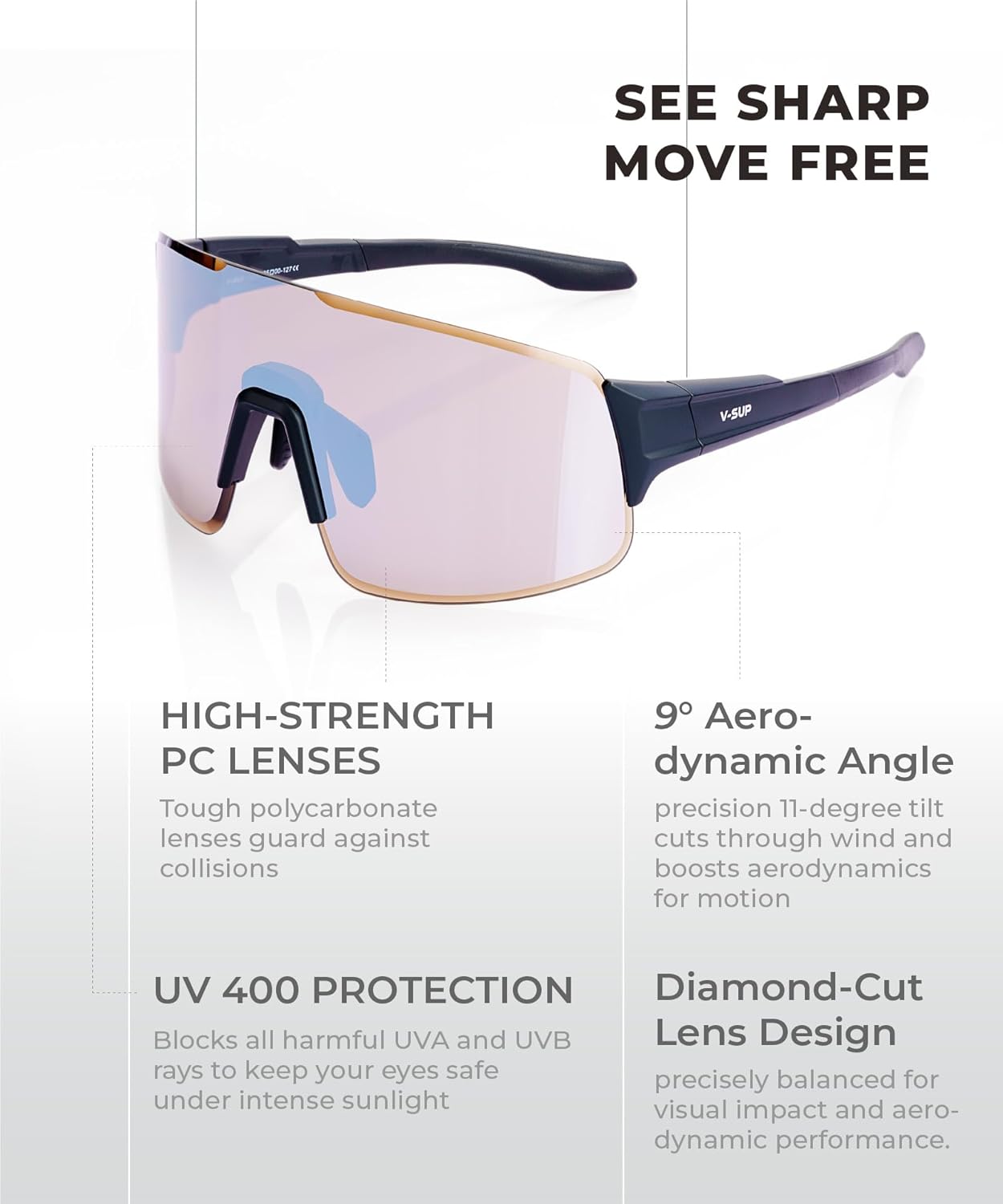 V-SUP TR90 Cycling Sunglasses UV400 Protection, Adjustable Ultra-Light Sport Glasses with Case for Running & Outdoor Use