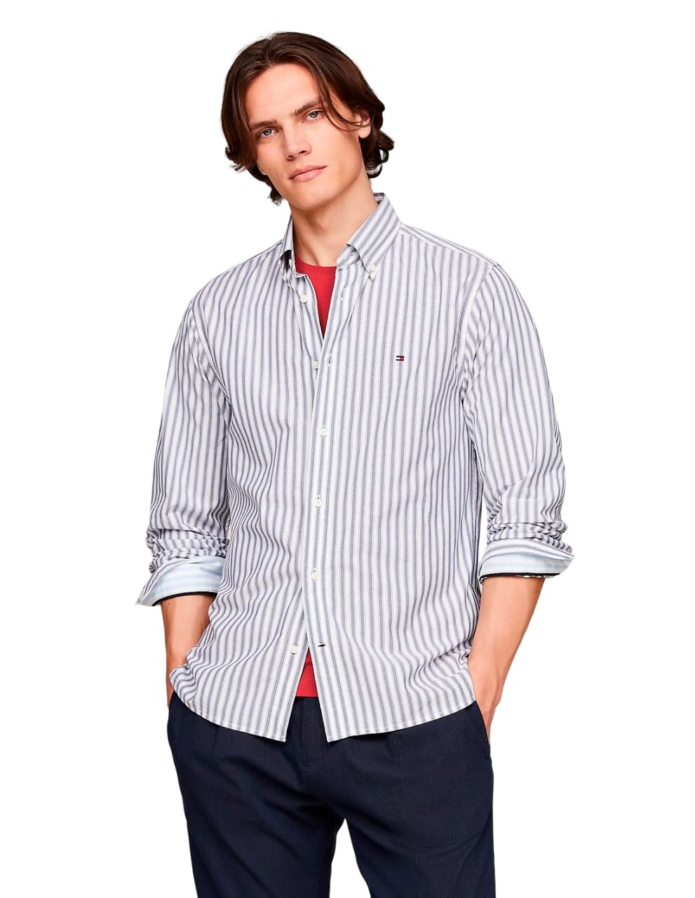 Tommy Hilfiger Men's Long Sleeve Shirt, Multicolor (Aegean Sea/Optic White), XS