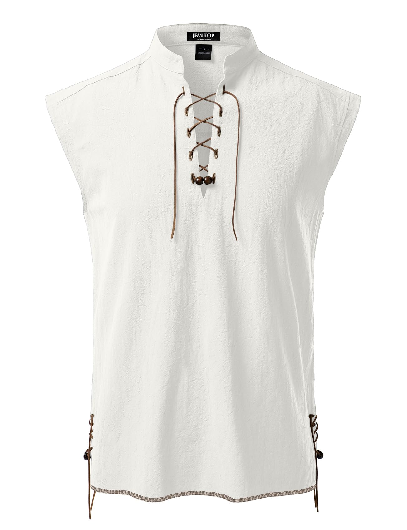 JEMITOP Men's Retro Renaissance Costume Lace Up Sleeveless Shirts for Pirate Medieval Viking Halloween Cosplay Ivory White M