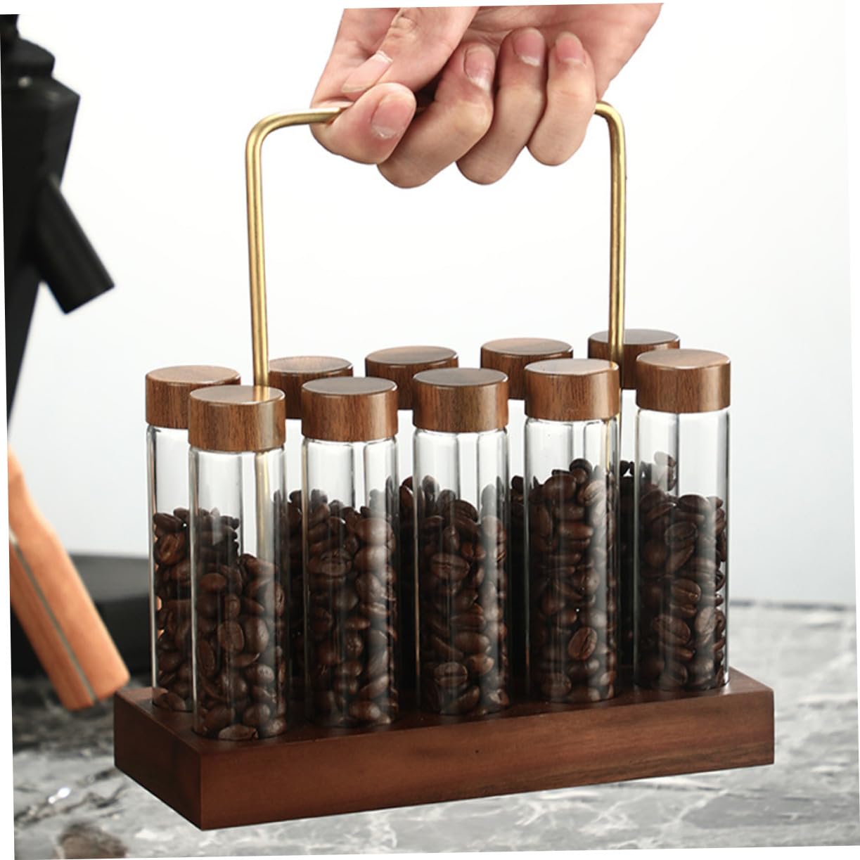 NUOBESTY Glas Kaffeebohnen Aufbewahrungsset mit Holzständer Glasröhrchen mit Deckel Luftdichte Kaffeebohnen Behälter für Küche Kompakt und Platzsparend Vielseitig für Gewürze und Kräuter