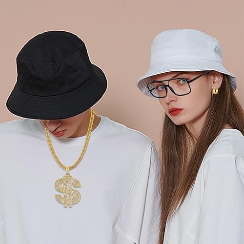 Vista 5 de FIRAZIO Kit de disfraz de hip hop de los años 80 y 90, accesorios de traje de rapero, sombrero de pescador, collar con signo de dólar, collar