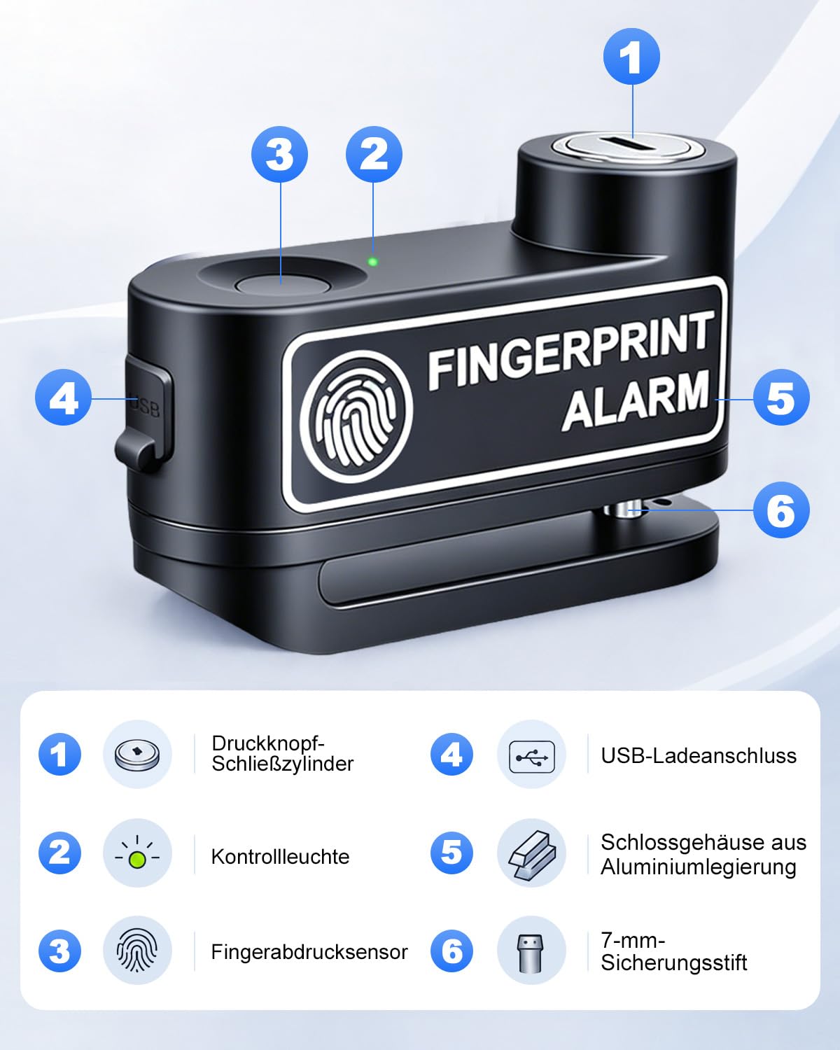 ZEXMTE Fingerabdruck-Motorrad-Alarm-Schloss, 120 dB USB C, wiederaufladbar, Anti-Diebstahl-Alarm, Scheibenbremsschloss