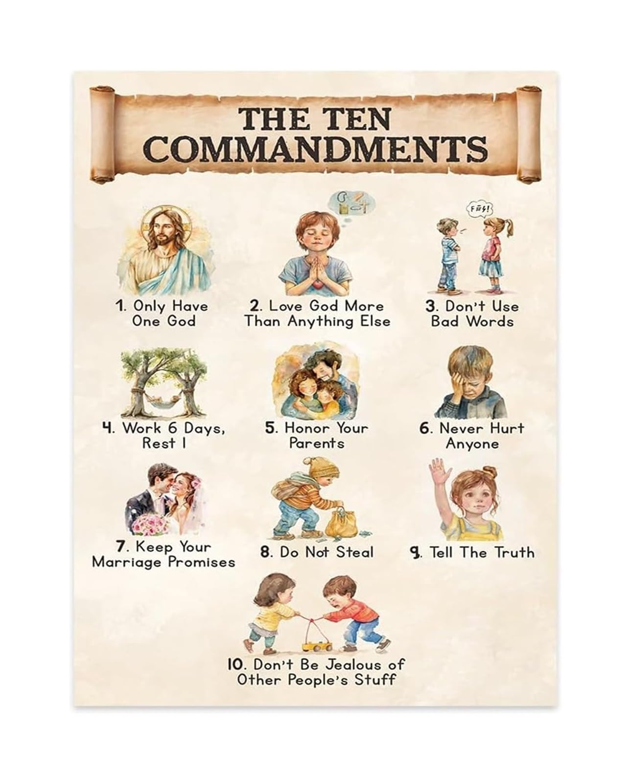 LLBOGRGGN Ten Commandments Poster for Bible Verse Wall-Art Christian Scripture Decor Sunday School Classroom