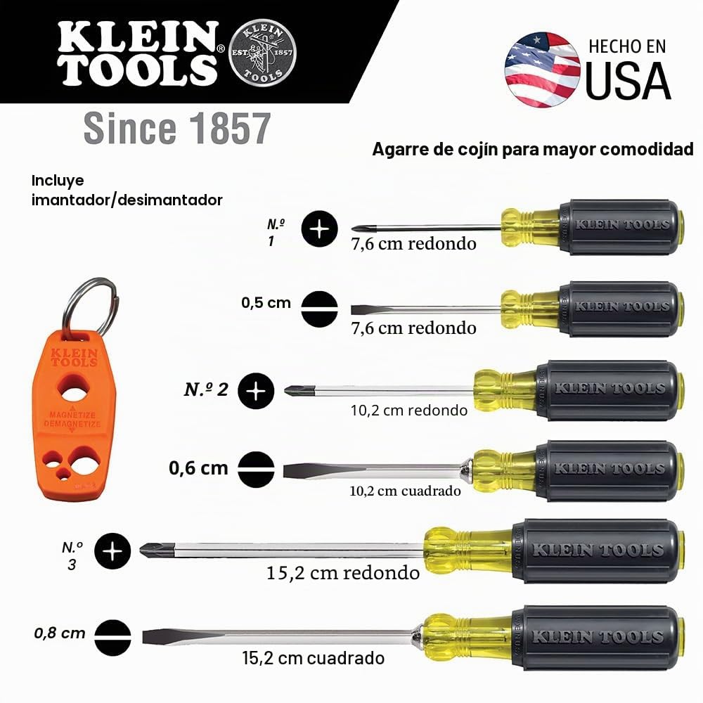 Klein Tools Juego de destornilladores de 6 piezas incluye magnetizador/desmagnetizador, 3 ranurados, 3 Phillips, agarre de cojín cómodo, mecanizado de precisión 85146