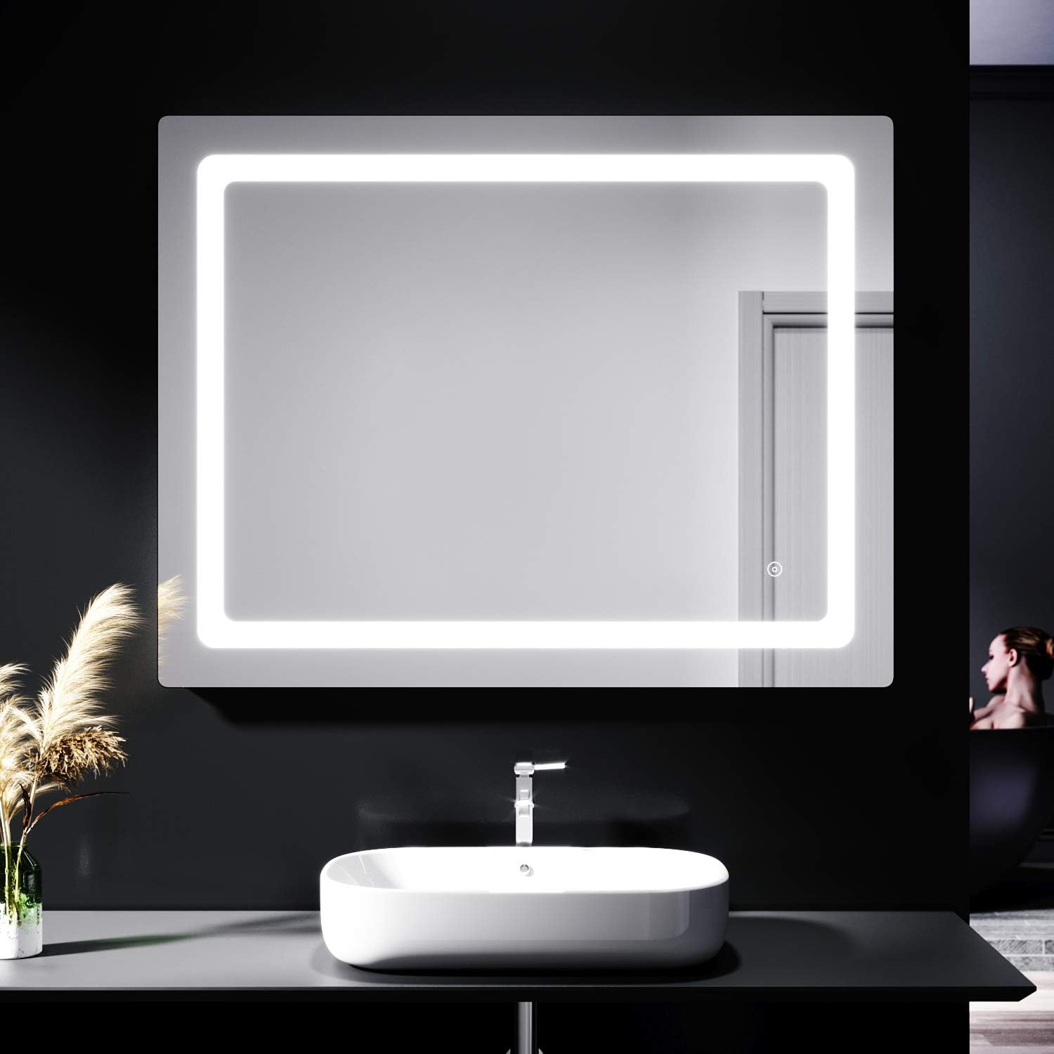 ELEGANT LED Bathroom Mirror with Shaver Socket, Illuminated Wall Mounted Makeup Mirror with Demister Pad and Touch Sensor, Vertical & Horizontal Smart Bathroom Vanity Mirrors 900 x 700mm