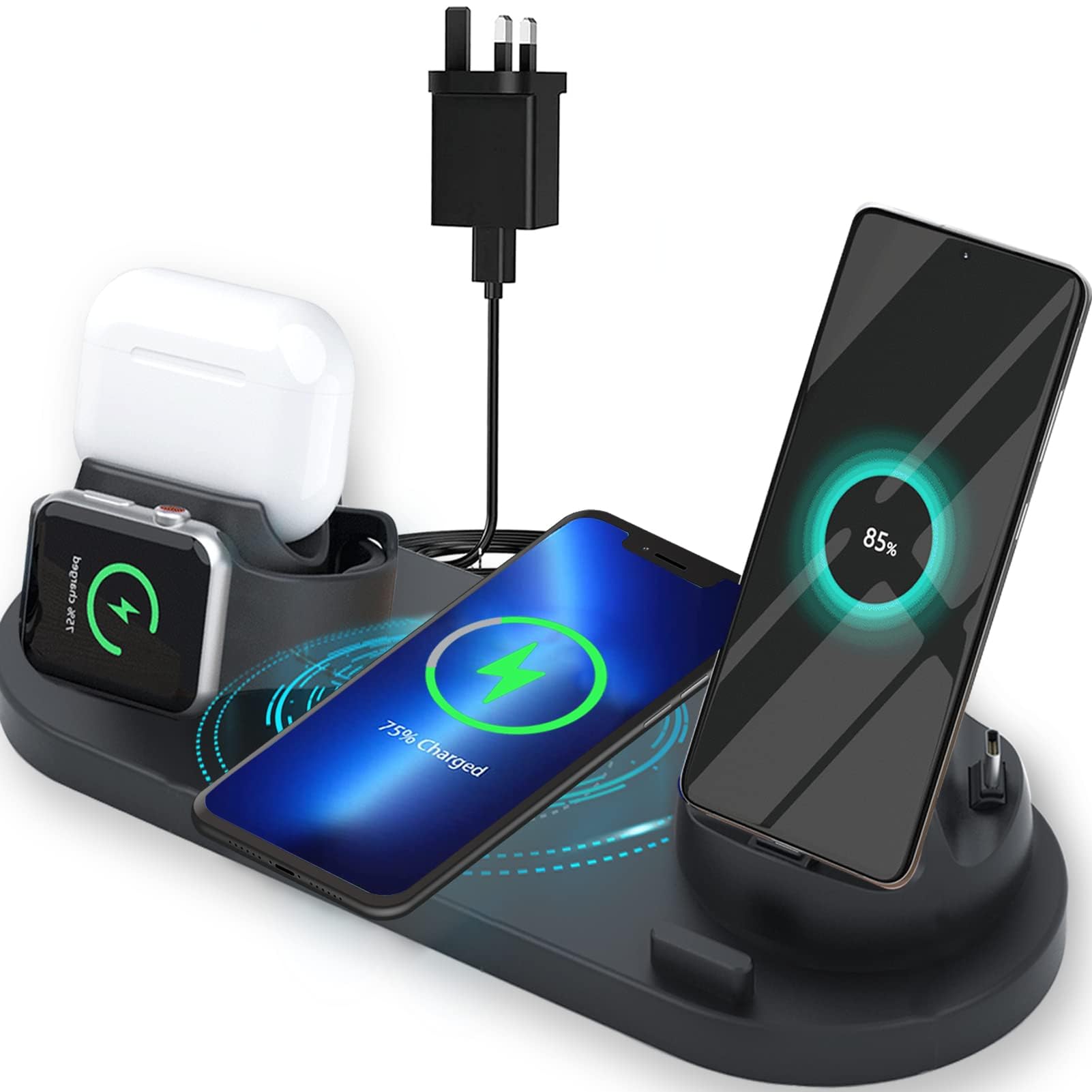 Multi-Function Wireless Charger Stand, 6 in 1 Wireless Charger,Fast Wireless Charger Holder Pad for iPhone 11 Pro Max X XS XR and Smartphone, Wireless Charging Station Dock for Apple Watch Airpods