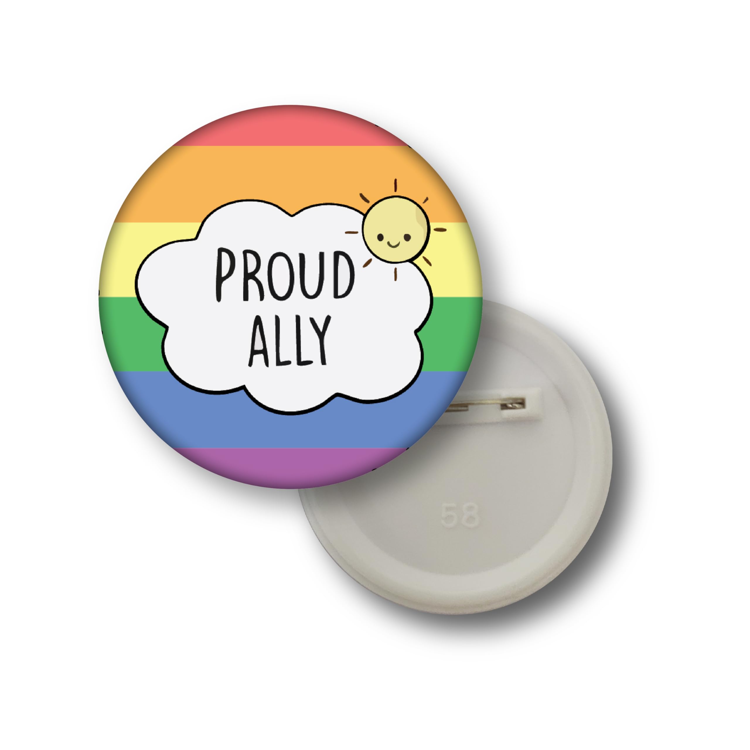 D2C Pride Ally Rainbow Button Pin, 58mm Round Badge, Multi-Colour