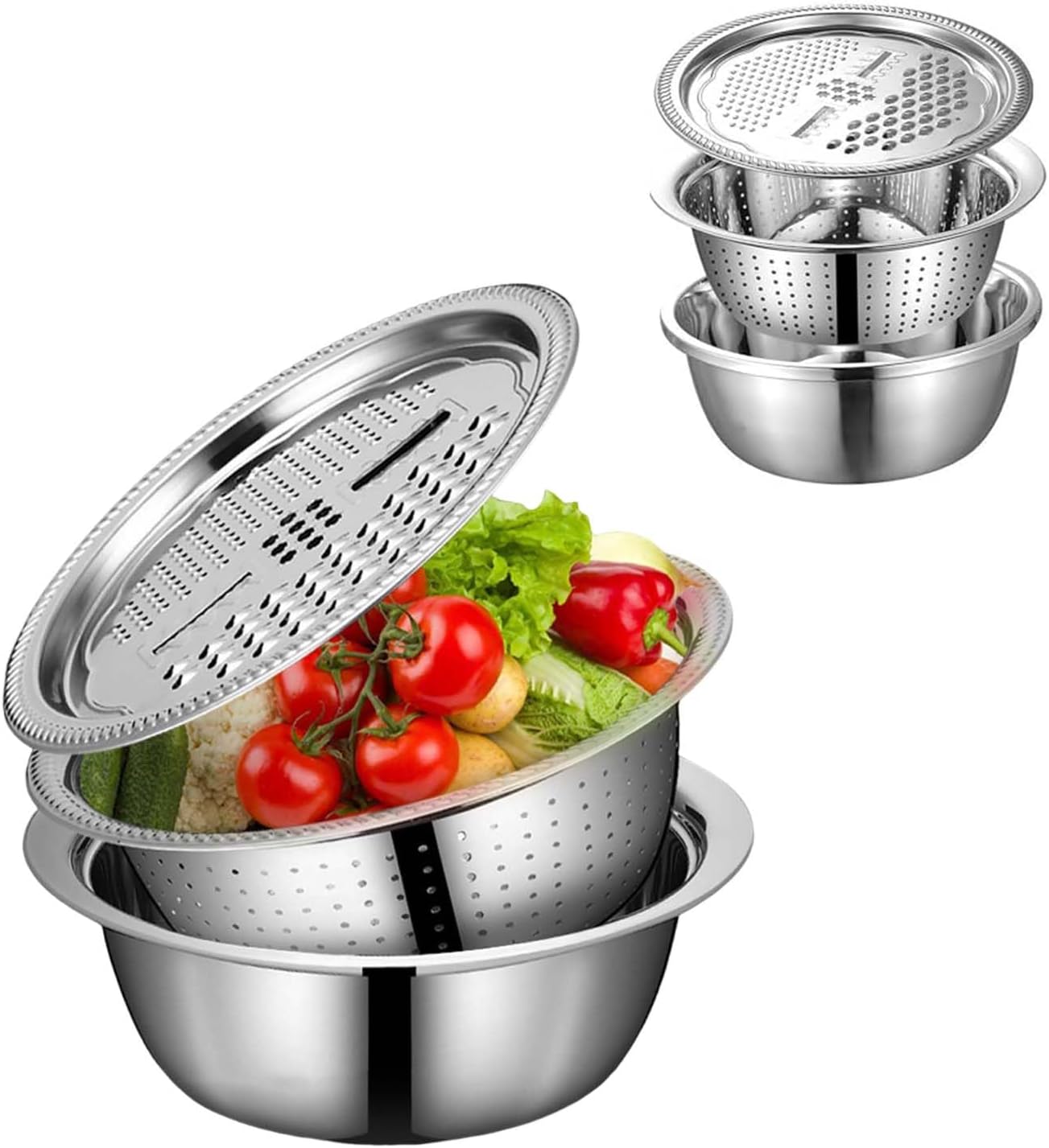 Round Bowl With Lid for Grading - Slicing,Then Spin, 3-in-1 Stainless Steel Grater Bowl with Grater, Fast Prep Slicer Bowl for Kitchen,Salad,Vegetable (28cm/11.02in)