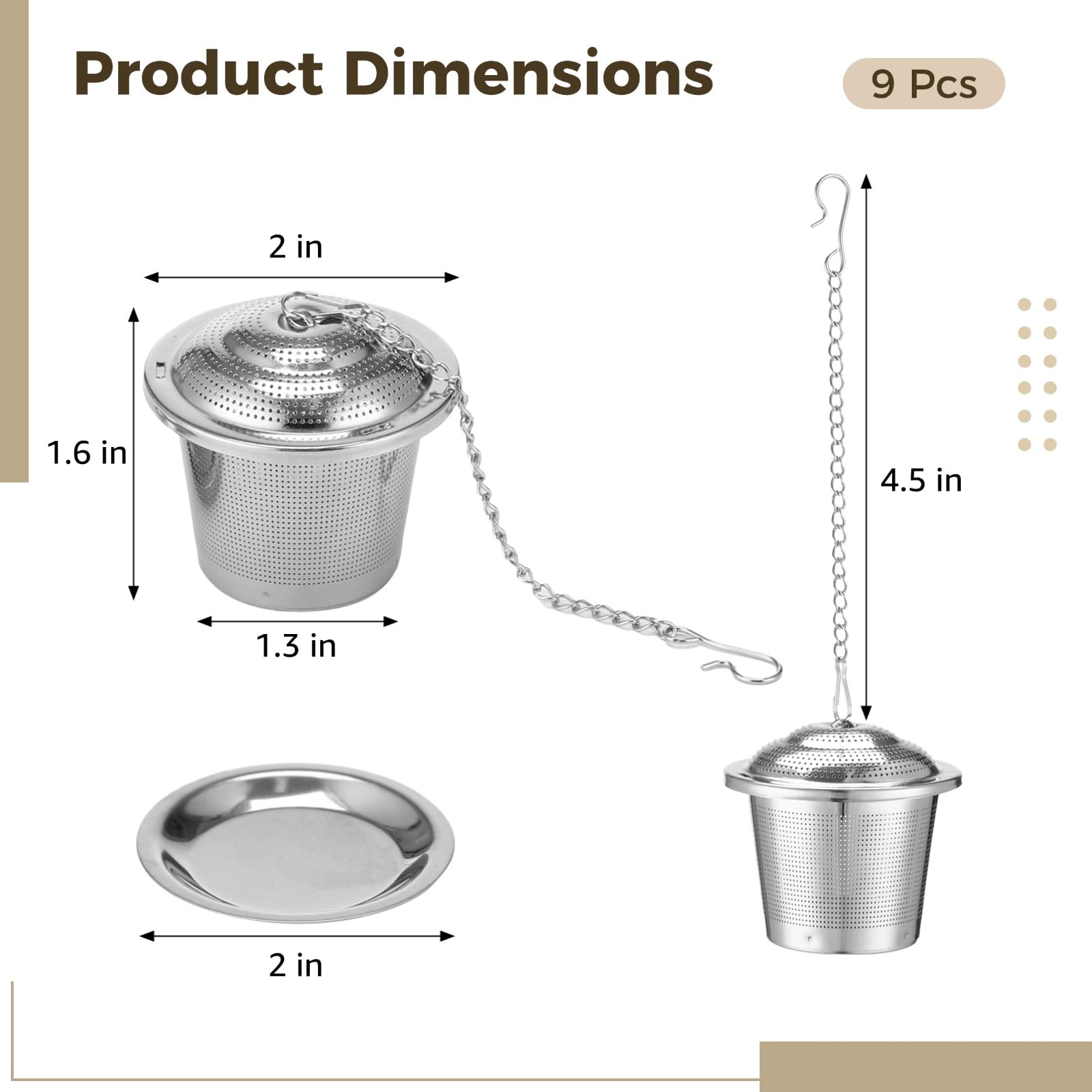 9 STK. Tee-Ei, Edelstahl-Netz-Siebe für losen Tee, Feinmaschige Filter mit Abtropfschalen und Hakenkette, Metall-Ziehnetze für Tassen, Becher, Teekannen