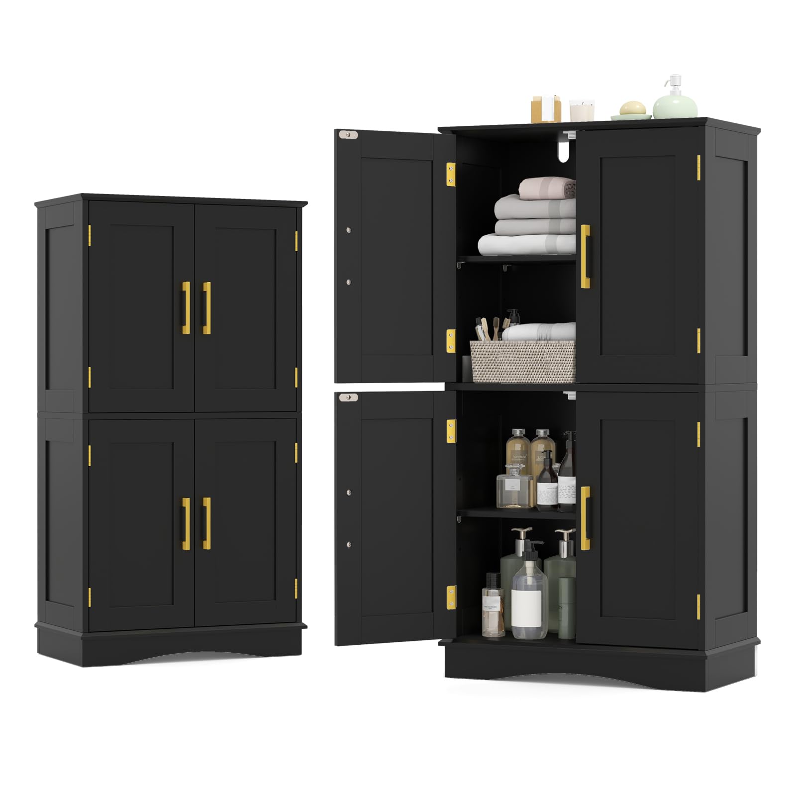 KOMFOTTEU Meuble Salle de Bain, 4 Portes & 2 Étagères Réglables, Noir