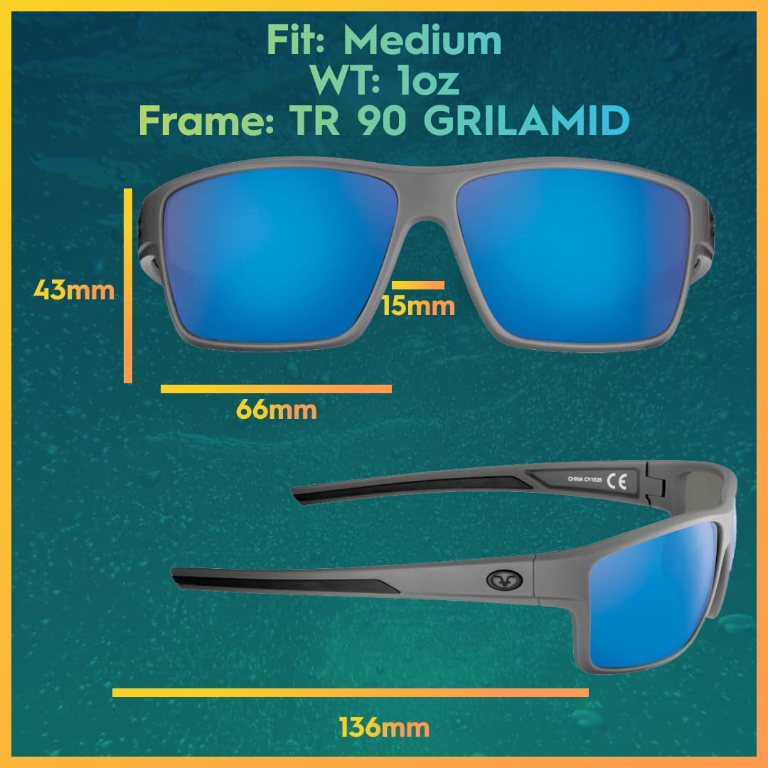 Flying Fisherman Mojarra - Gafas de Sol Rectangulares Polarizadas, Marco Gris Mate/Lente Espejo Azul Ahumado, Talla M, Medium