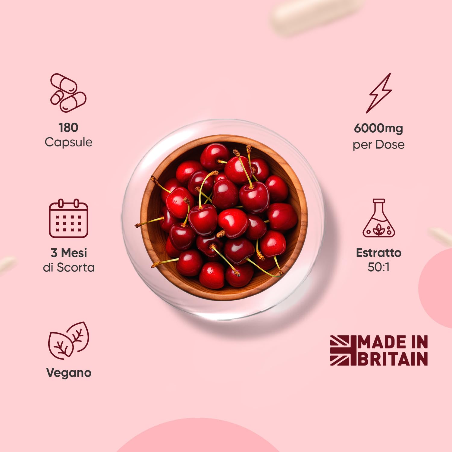 Montmorency Cherry 6000mg (Estratto 50:1), 3 Mesi di Scorta, 180 Capsule Vegane di Estratto di Ciliegia Prunus Cerasus, Integratore Cherry Montmorency Senza Glutine, OGM e privo di Magnesio Stearato