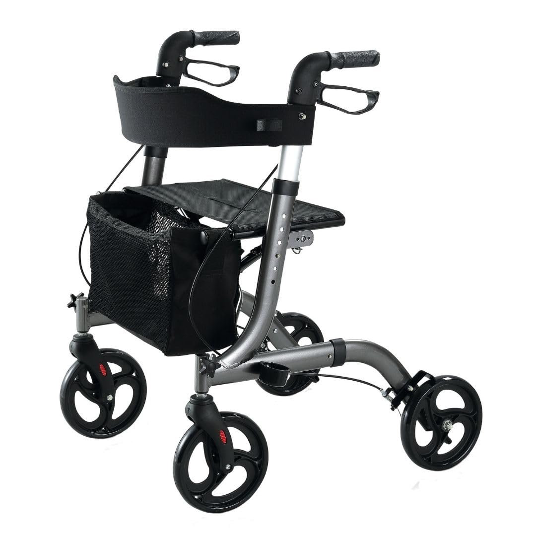 Andador Rollator para minusválidos de aluminio, diseño más moderno y una estructura más completa, ancianos, ligero, plegable, frenos manuales, con asiento, cesta y ruedas giratorias delanteras.