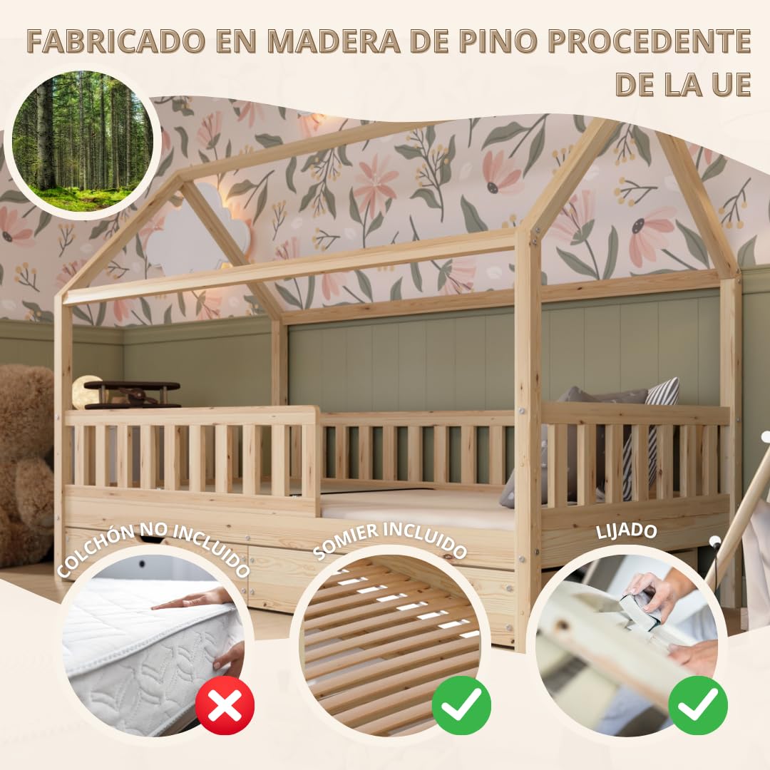 Cama Montessori en Forma de Casa 190x90 cm - Cama Infantil con Protección contra Caídas 40cm y Barrera Abrible - Camas Infantiles niño - Madera Natural con Cajones