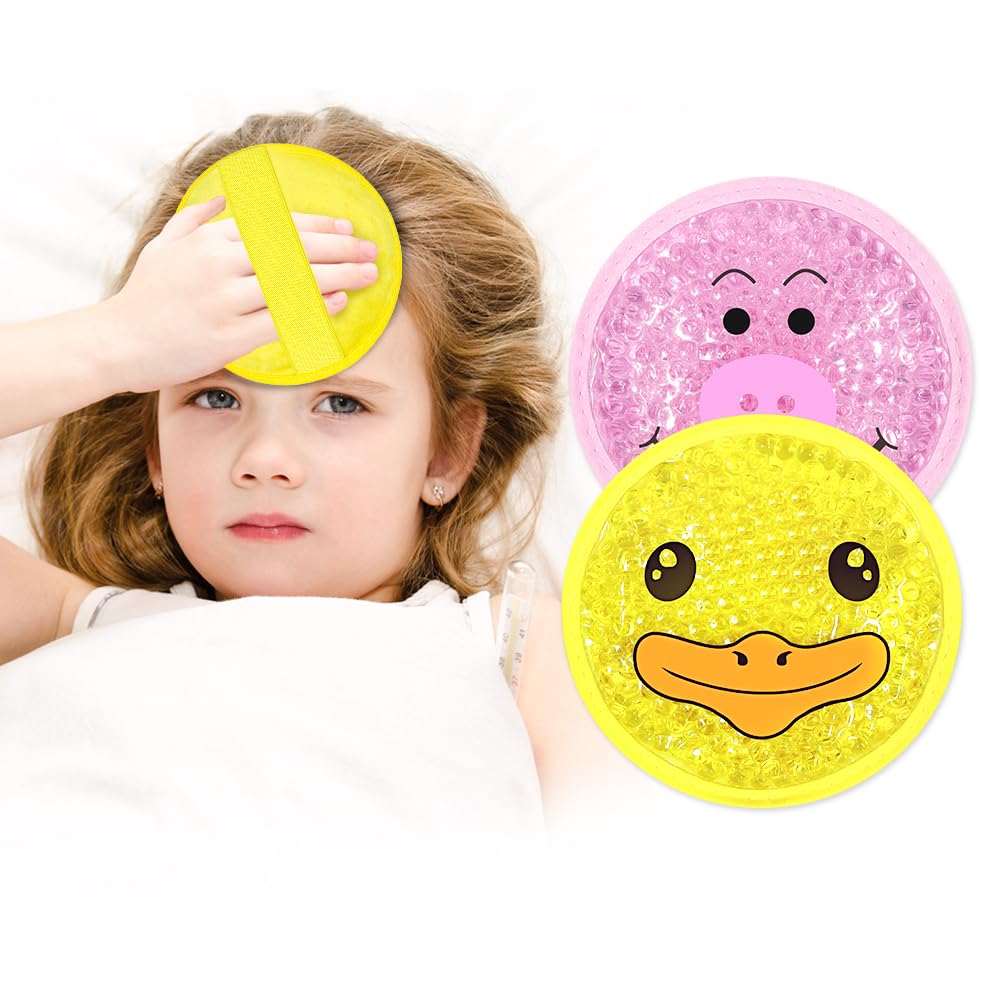 Kids Ice Packs for Injuries Reusable 2 Packs Cold or Warm Compress Gel Bead Cooling Packs with Strap for Neck Head Fever Wisdom Teeth Recovery First Aid 4.9 Inch