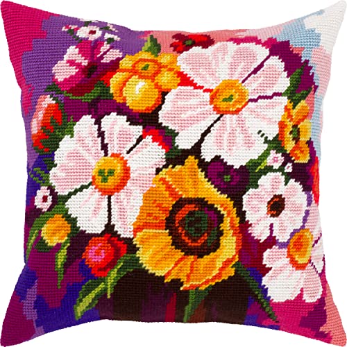 Brvsk Floral Embroidery Kit for Adults and Beginners — Wildflowers 16??×?16? with Clear, Precise Printed Design on Cotton Canvas; Includes 2 Needles, Yarn, and Easy-Read Chart