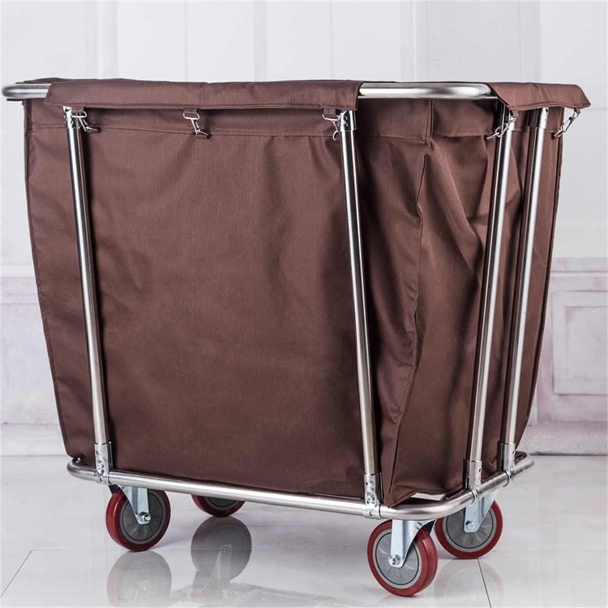 Carrello portabiancheria commerciale resistente su ruote, carrello in acciaio inox con capacità di 400 l, borse rimovibili per hotel e industrie di servizi, soluzione per il trasporto di biancheria da