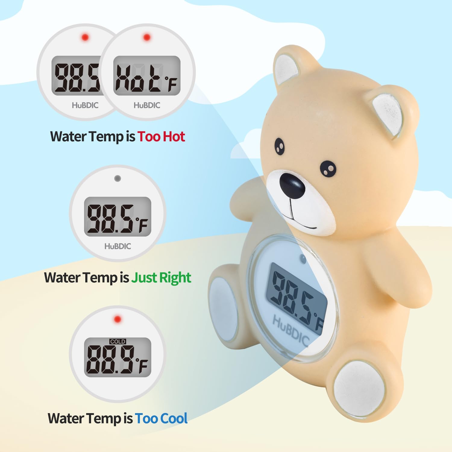 HubiBaby - Termómetro de baño para bebé y temperatura ambiente digital, productos de seguridad 2 en 1 para baño infantil con advertencia de temperatura, oso de peluche flotante (caqui)