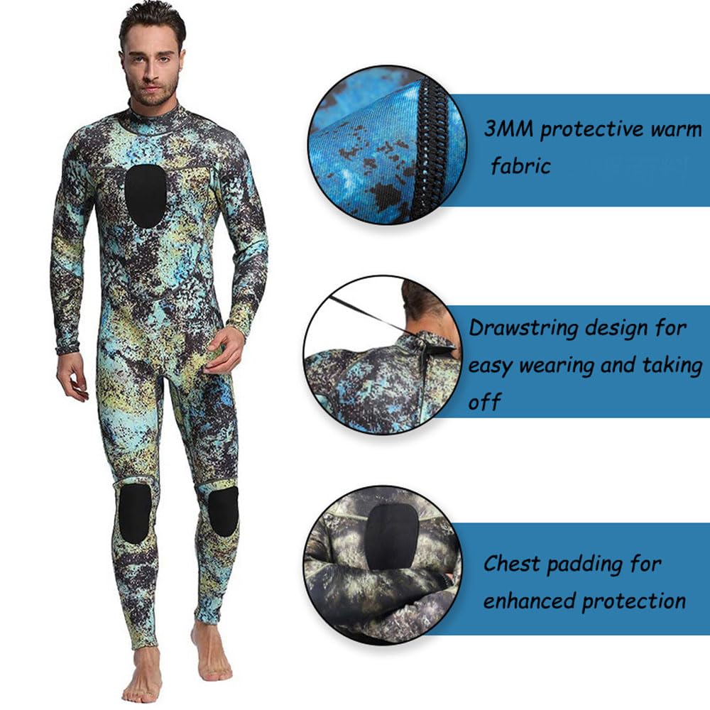 Muta Monopezzo Uomo, Full Muta da 3 mm Neoprene Camuffare Termico con cerniera posteriore,Anti-UV Muta Da Sub A Maniche Lunghe per Snorkeling, Surfing, nuotare, Subacquea e Altri Sport in Acqua