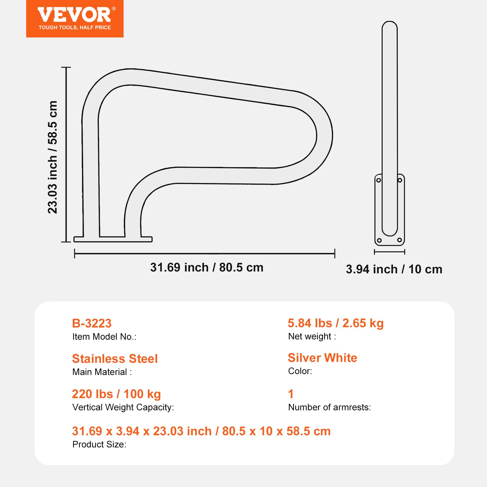 VEVOR Corrimano per Piscina 805 x 585 mm Ringhiera per Piscina in Acciaio Inossidabile con Piastra di Base per Piscine Interne Esterne, Ringhiera di Sicurezza per Piscina con Copertura Maniglia
