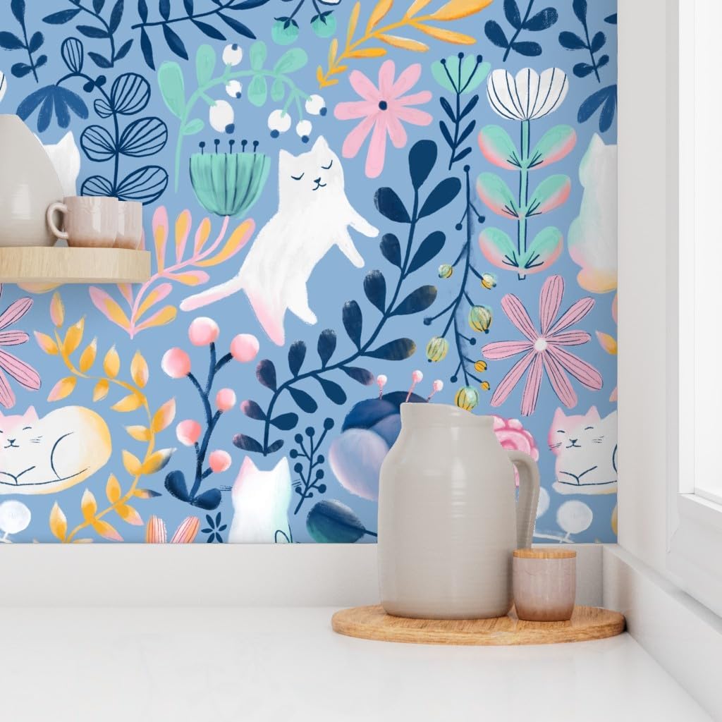 Peel & Stick Wallpaper 3ft x 2ft - Spring Cats Floral Cat Summer Custom Removable Wallpaper by Spoonflower